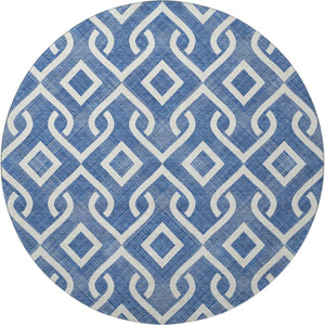 HomeRoots 8' Blue And Ivory Geometric Washable Round Rug – Durable, UV-Protected, Ideal for Busy Homes! 652488