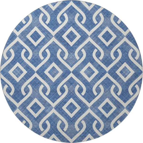 HomeRoots 8' Blue And Ivory Geometric Washable Round Rug – Durable, UV-Protected, Ideal for Busy Homes! 652488