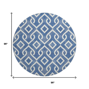 HomeRoots 8' Blue And Ivory Geometric Washable Round Rug – Durable, UV-Protected, Ideal for Busy Homes! 652488