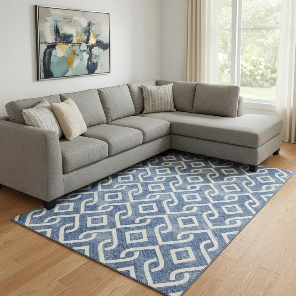 HomeRoots 8' X 10' Blue & Ivory Geometric Area Rug - Stylish, Washable, UV-Protected for Busy Homes 652489