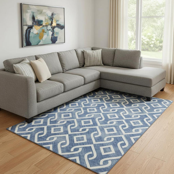 HomeRoots 8' X 10' Blue & Ivory Geometric Area Rug - Stylish, Washable, UV-Protected for Busy Homes 652489
