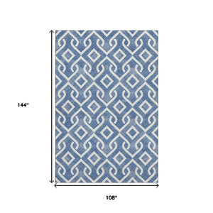 HomeRoots 9' x 12' Blue and Ivory Geometric Washable Area Rug – Durable, UV-Protected, Stylish for Any Room 652490