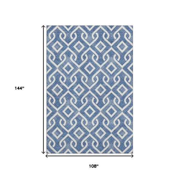 HomeRoots 9' x 12' Blue and Ivory Geometric Washable Area Rug – Durable, UV-Protected, Stylish for Any Room 652490