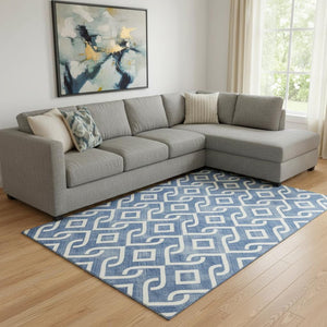 HomeRoots 9' x 12' Blue and Ivory Geometric Washable Area Rug – Durable, UV-Protected, Stylish for Any Room 652490
