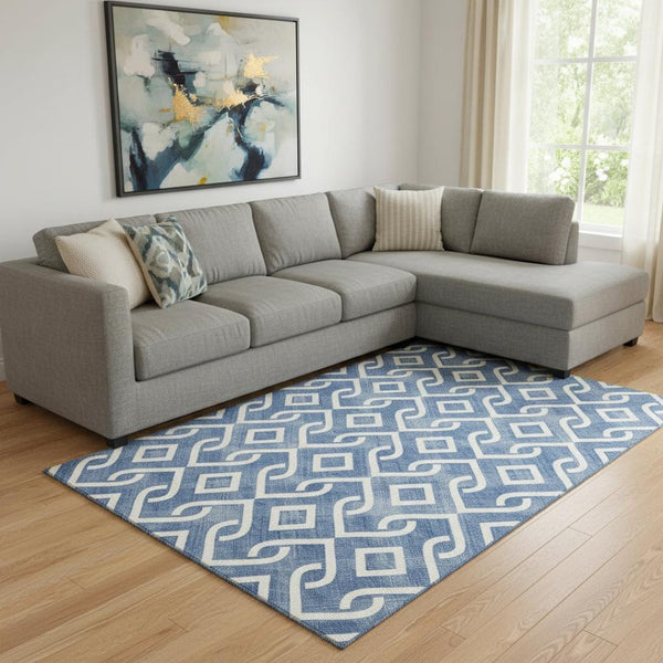 HomeRoots 9' x 12' Blue and Ivory Geometric Washable Area Rug – Durable, UV-Protected, Stylish for Any Room 652490