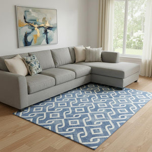 HomeRoots 9' x 12' Blue and Ivory Geometric Washable Area Rug – Durable, UV-Protected, Stylish for Any Room 652490