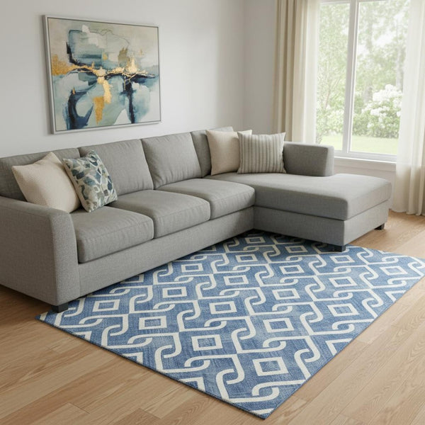 HomeRoots 9' x 12' Blue and Ivory Geometric Washable Area Rug – Durable, UV-Protected, Stylish for Any Room 652490