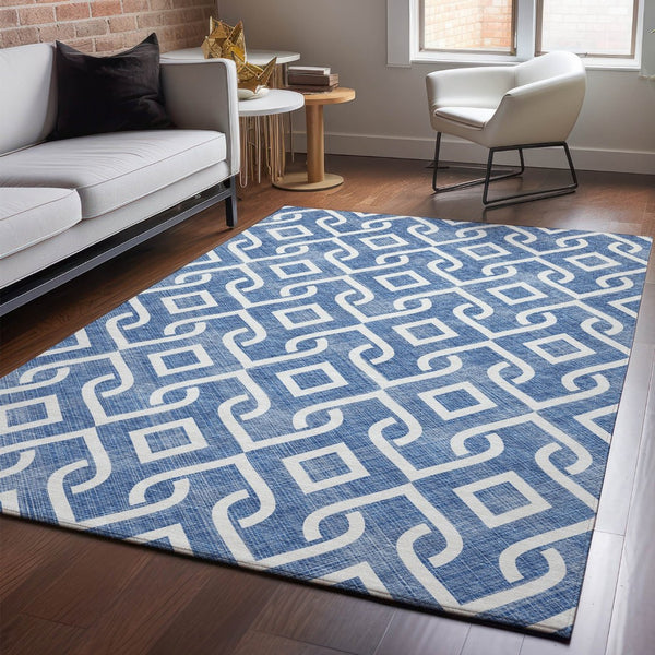 HomeRoots 10' Blue and Ivory Geometric Washable Area Rug – Durable, UV-Protected, Perfect for Large Spaces! 652491