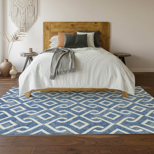 HomeRoots 10' Blue and Ivory Geometric Washable Area Rug – Durable, UV-Protected, Perfect for Large Spaces! 652491