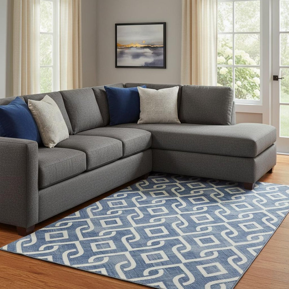 HomeRoots 10' Blue and Ivory Geometric Washable Area Rug – Durable, UV-Protected, Perfect for Large Spaces! 652491