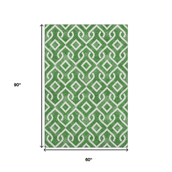 HomeRoots 5' X 8' Emerald & Ivory Geometric Washable Area Rug - Durable, Stain-Resistant & UV Protected Design 652493