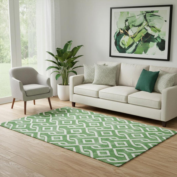 HomeRoots 5' X 8' Emerald & Ivory Geometric Washable Area Rug - Durable, Stain-Resistant & UV Protected Design 652493