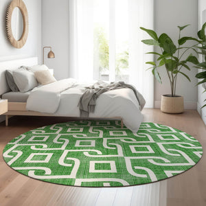 HomeRoots 8' Emerald and Ivory Geometric Round Rug - Washable, UV-Protected, Stain-Resistant for Modern Homes 652494