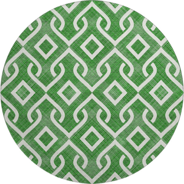 HomeRoots 8' Emerald and Ivory Geometric Round Rug - Washable, UV-Protected, Stain-Resistant for Modern Homes 652494