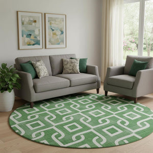 HomeRoots 8' Emerald and Ivory Geometric Round Rug - Washable, UV-Protected, Stain-Resistant for Modern Homes 652494