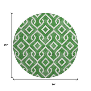 HomeRoots 8' Emerald and Ivory Geometric Round Rug - Washable, UV-Protected, Stain-Resistant for Modern Homes 652494