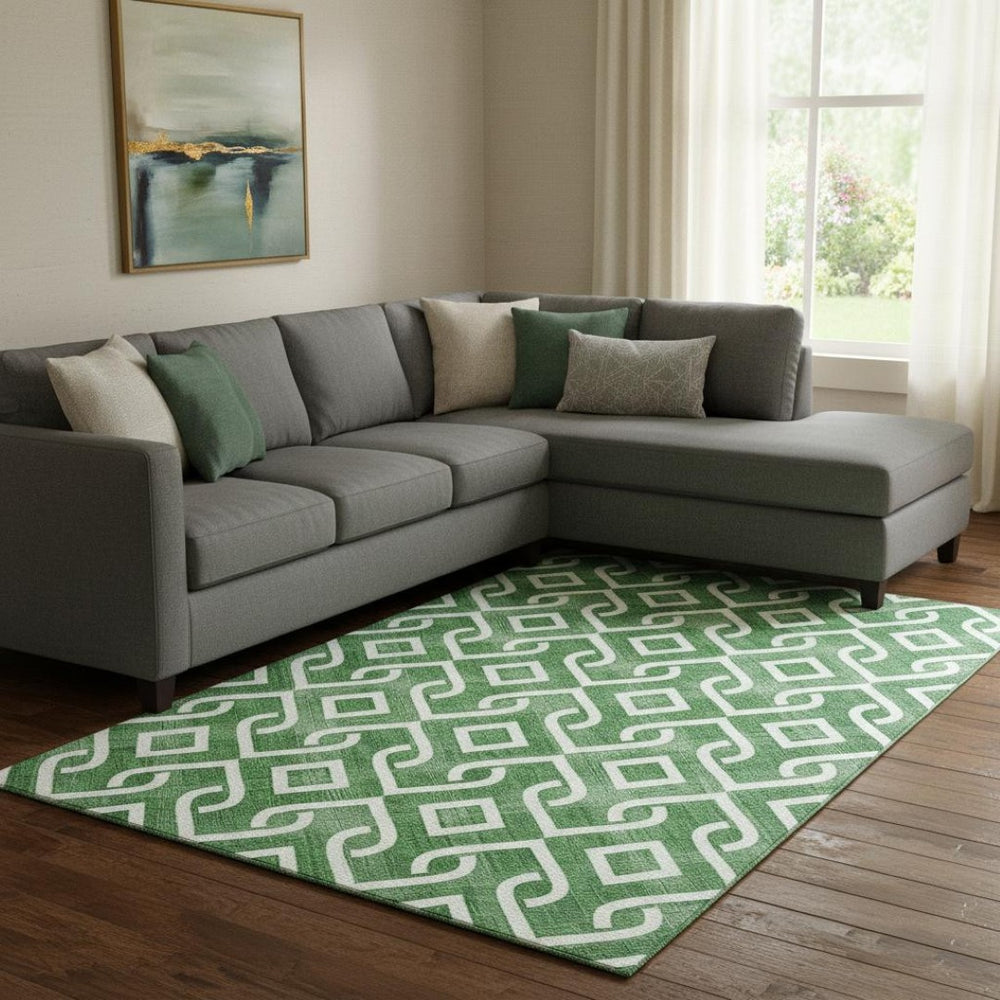 HomeRoots 8' X 10' Stylish Emerald & Ivory Geometric Area Rug - Washable, UV Protected, Perfect for Homes! 652495