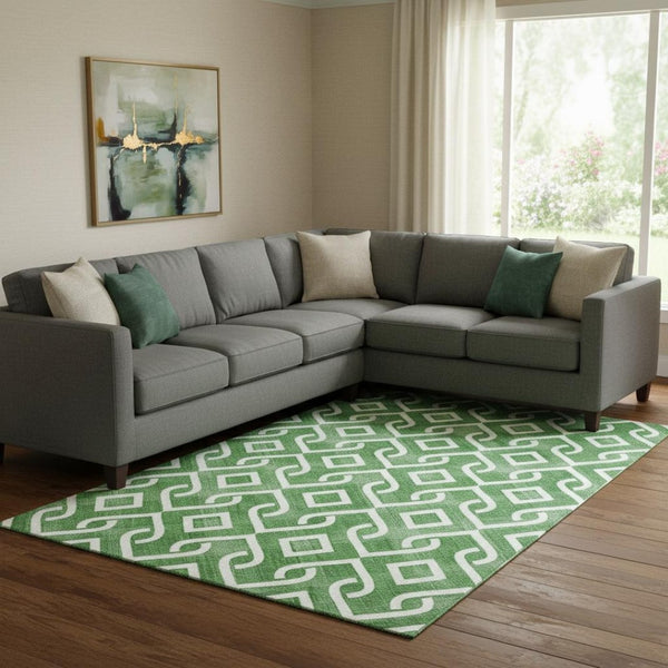 HomeRoots 9' X 12' Emerald & Ivory Geometric Area Rug - Washable, UV-Protected, Durable for Homes with Kids & Pets 652496