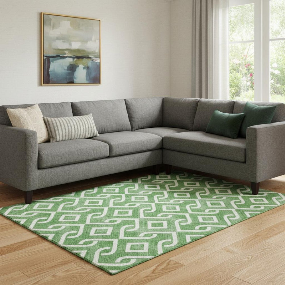 HomeRoots 10' X 14' Emerald Geometric Area Rug – Washable, UV Protected, Stain-Resistant for Modern Spaces 652497