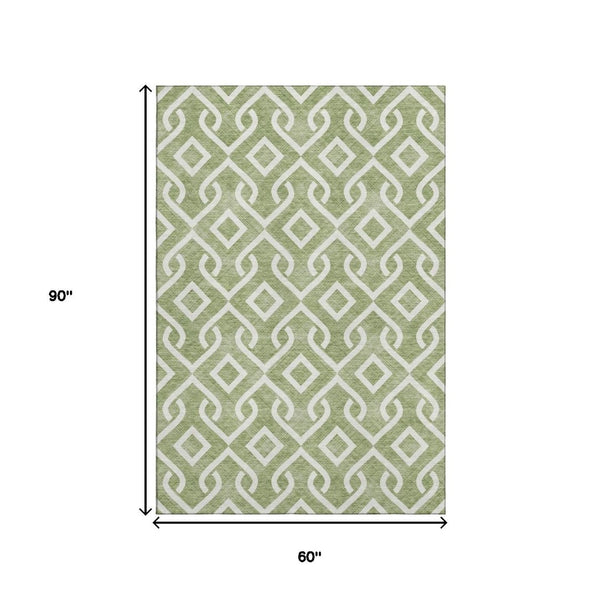 HomeRoots 5' X 8' Green And Ivory Geometric Area Rug - Durable, Washable, UV Protected for Modern Homes 652499