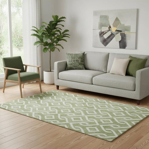 HomeRoots 5' X 8' Green And Ivory Geometric Area Rug - Durable, Washable, UV Protected for Modern Homes 652499