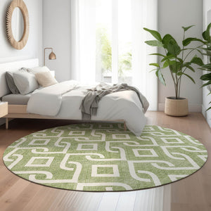 HomeRoots 8' Green and Ivory Geometric Round Rug - Washable, UV-Protected, Stylish for Living Spaces & Patios 652500