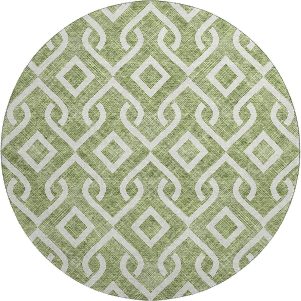 HomeRoots 8' Green and Ivory Geometric Round Rug - Washable, UV-Protected, Stylish for Living Spaces & Patios 652500