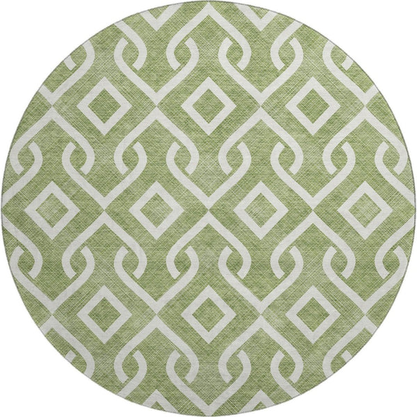 HomeRoots 8' Green and Ivory Geometric Round Rug - Washable, UV-Protected, Stylish for Living Spaces & Patios 652500