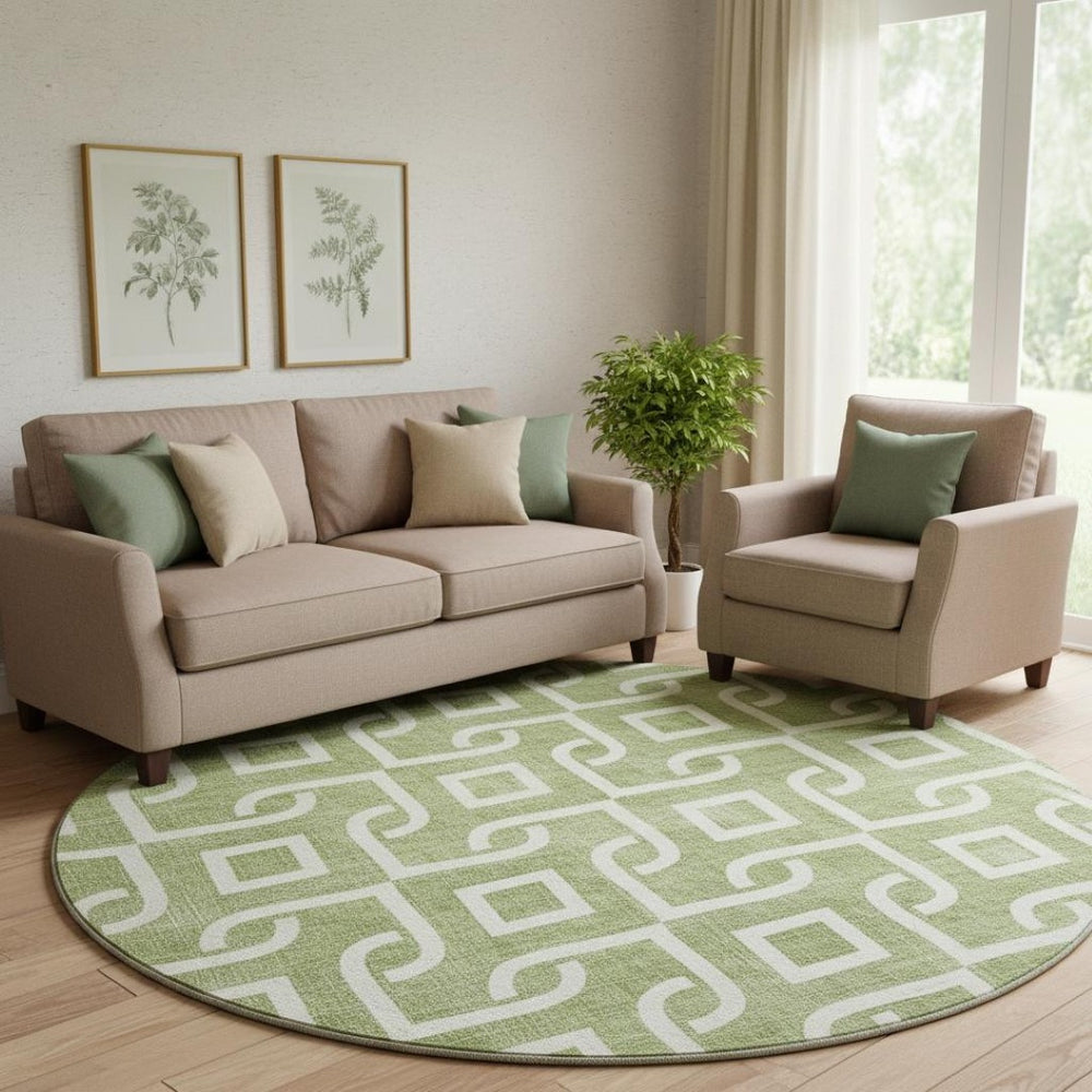 HomeRoots 8' Green and Ivory Geometric Round Rug - Washable, UV-Protected, Stylish for Living Spaces & Patios 652500