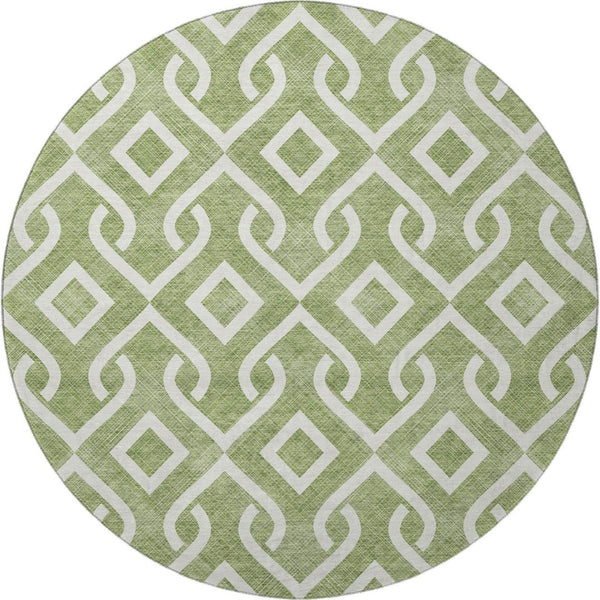 HomeRoots 8' Green and Ivory Geometric Round Rug - Washable, UV-Protected, Stylish for Living Spaces & Patios 652500