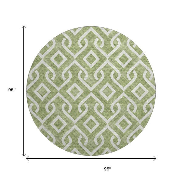 HomeRoots 8' Green and Ivory Geometric Round Rug - Washable, UV-Protected, Stylish for Living Spaces & Patios 652500