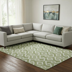 HomeRoots 8' X 10' Green & Ivory Geometric Washable Area Rug - Stylish, Stain-Resistant, UV Protected Design 652501