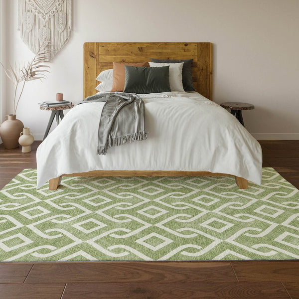HomeRoots 8' X 10' Green & Ivory Geometric Washable Area Rug - Stylish, Stain-Resistant, UV Protected Design 652501