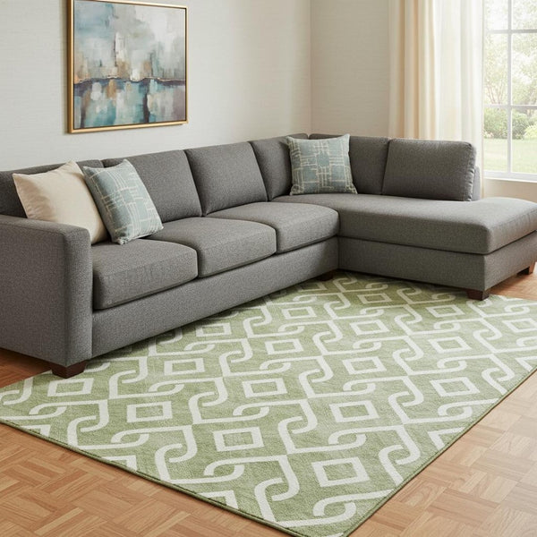 HomeRoots 9' X 12' Green & Ivory Geometric Washable Area Rug - Stain Resistant, UV Protected for High Traffic Areas 652502