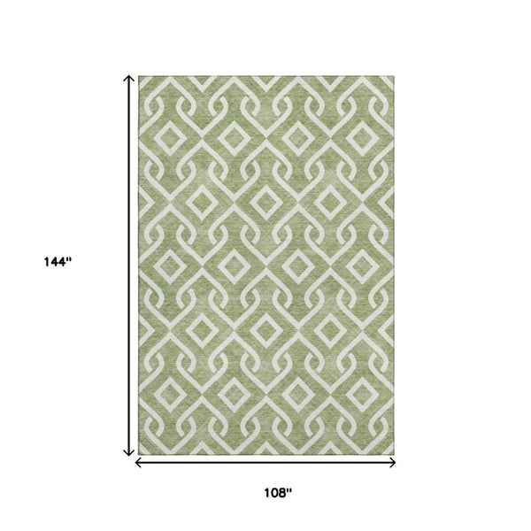HomeRoots 9' X 12' Green & Ivory Geometric Washable Area Rug - Stain Resistant, UV Protected for High Traffic Areas 652502