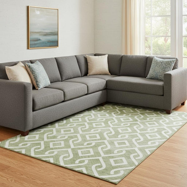 HomeRoots 9' X 12' Green & Ivory Geometric Washable Area Rug - Stain Resistant, UV Protected for High Traffic Areas 652502