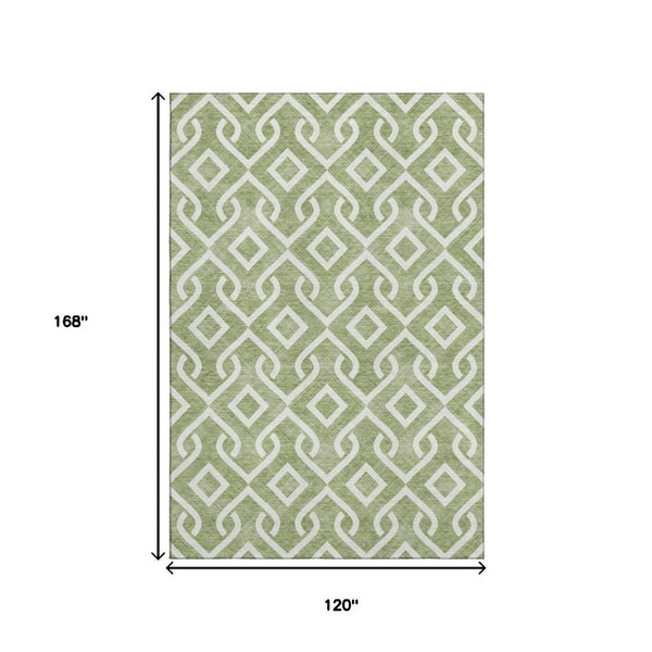 HomeRoots 10' X 14' Washable Green & Ivory Geometric Area Rug with UV Protection - Durable, Stylish, Easy Care! 652503