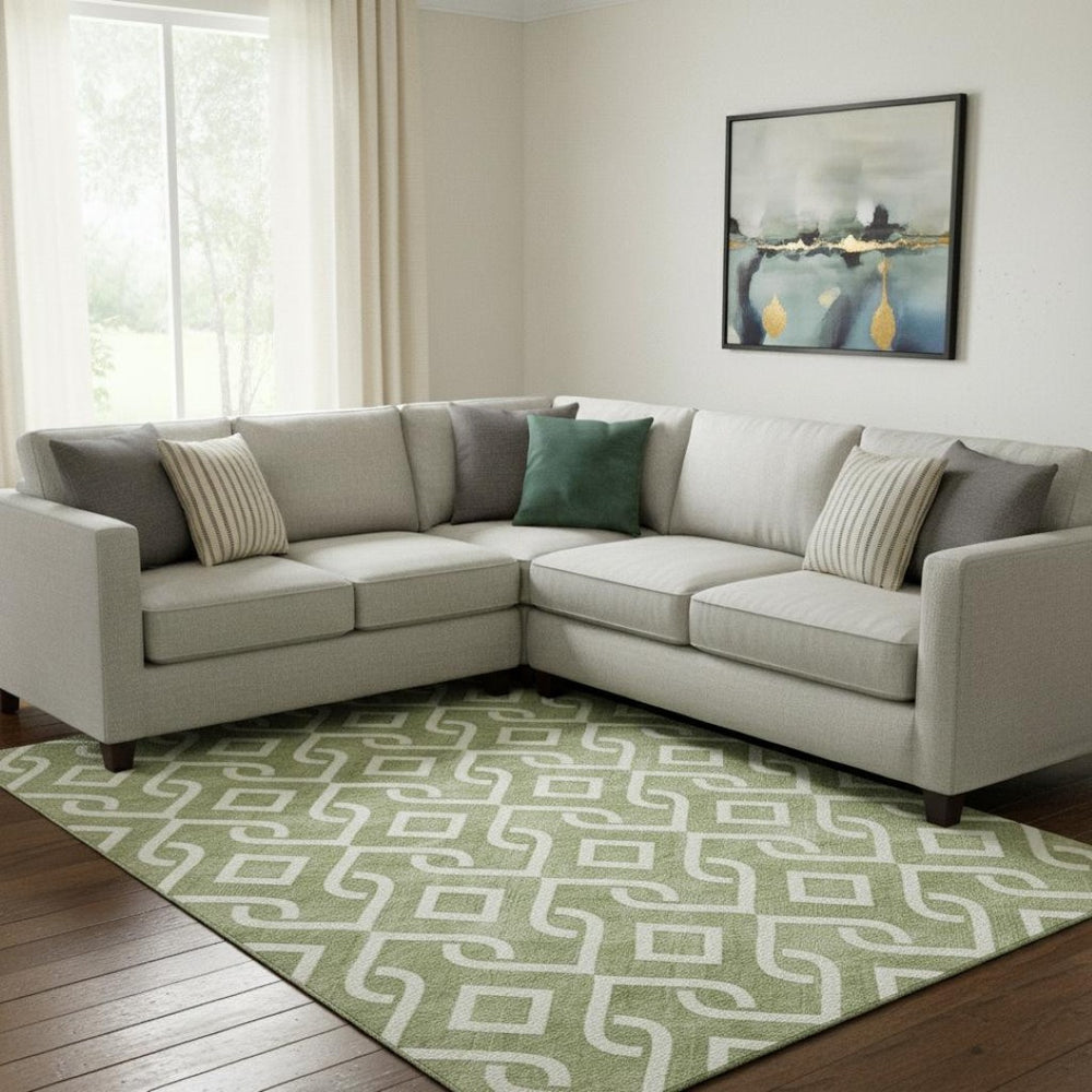 HomeRoots 10' X 14' Washable Green & Ivory Geometric Area Rug with UV Protection - Durable, Stylish, Easy Care! 652503