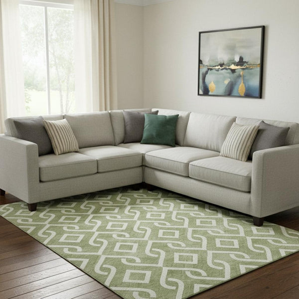 HomeRoots 10' X 14' Washable Green & Ivory Geometric Area Rug with UV Protection - Durable, Stylish, Easy Care! 652503