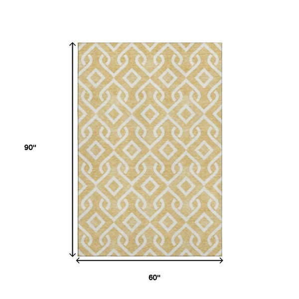HomeRoots 5' X 8' Gold And Ivory Geometric Area Rug – Durable, Washable, UV Protected for Modern Spaces! 652505