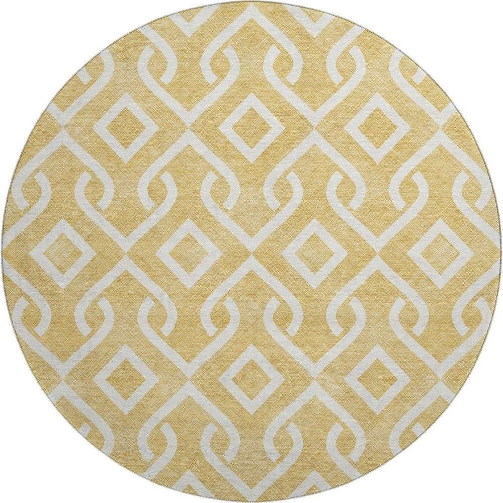 HomeRoots 8' Gold and Ivory Geometric Round Rug - Washable, UV Protected, Stain-Resistant for Modern Homes 652506