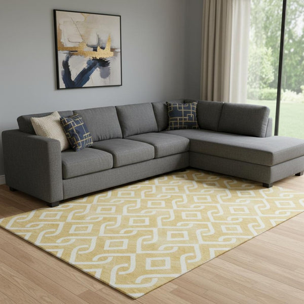 HomeRoots 8' X 10' Gold & Ivory Geometric Washable Area Rug - Durable, Stain-Resistant, UV Protected Style! 652507