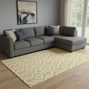 HomeRoots 9' X 12' Gold & Ivory Geometric Washable Area Rug - UV Protected, Stain Resistant, Ideal for Families 652508