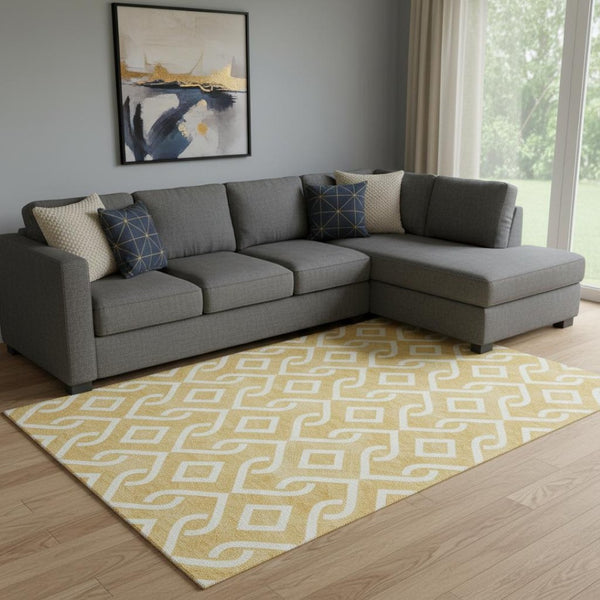 HomeRoots 9' X 12' Gold & Ivory Geometric Washable Area Rug - UV Protected, Stain Resistant, Ideal for Families 652508