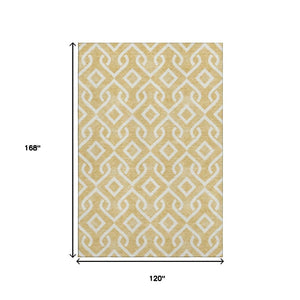 HomeRoots 10' X 14' Gold And Ivory Geometric Area Rug - Washable, Stain-Resistant, UV Protected for Durability 652509