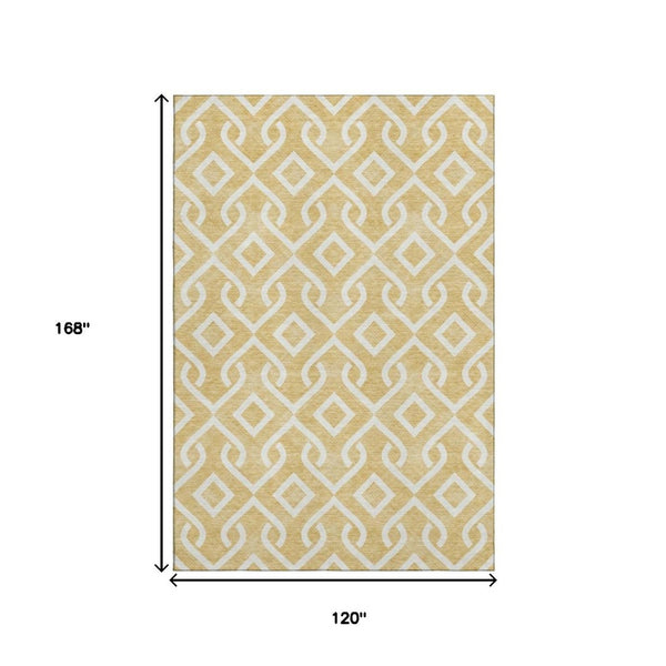 HomeRoots 10' X 14' Gold And Ivory Geometric Area Rug - Washable, Stain-Resistant, UV Protected for Durability 652509