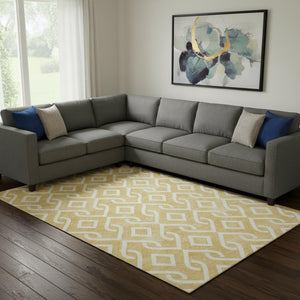 HomeRoots 10' X 14' Gold And Ivory Geometric Area Rug - Washable, Stain-Resistant, UV Protected for Durability 652509