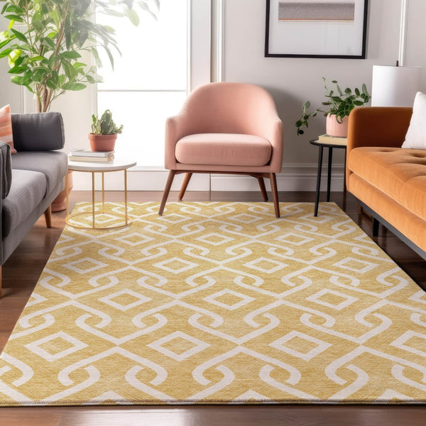 HomeRoots 10' X 14' Gold And Ivory Geometric Area Rug - Washable, Stain-Resistant, UV Protected for Durability 652509