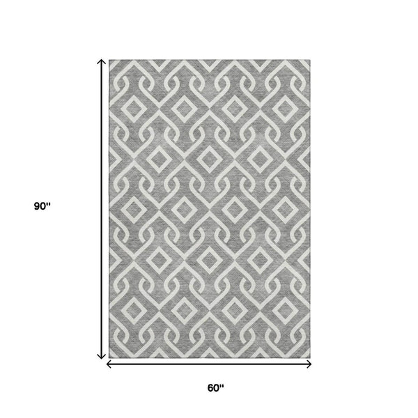 HomeRoots 5' X 8' Gray and Ivory Geometric Area Rug - Washable, UV Protected, Stain Resistant for High Traffic Areas 652511