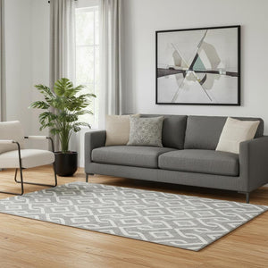 HomeRoots 5' X 8' Gray and Ivory Geometric Area Rug - Washable, UV Protected, Stain Resistant for High Traffic Areas 652511